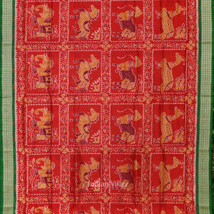 Red Green Animal Theme Sambalpuri Silk Saree