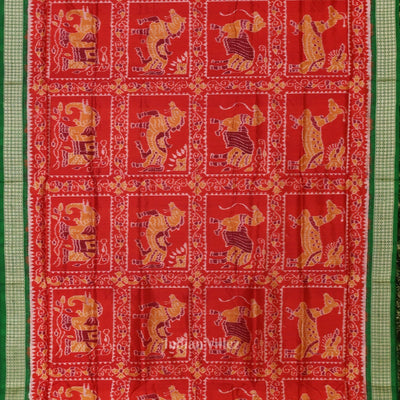 Red Green Animal Theme Sambalpuri Silk Saree