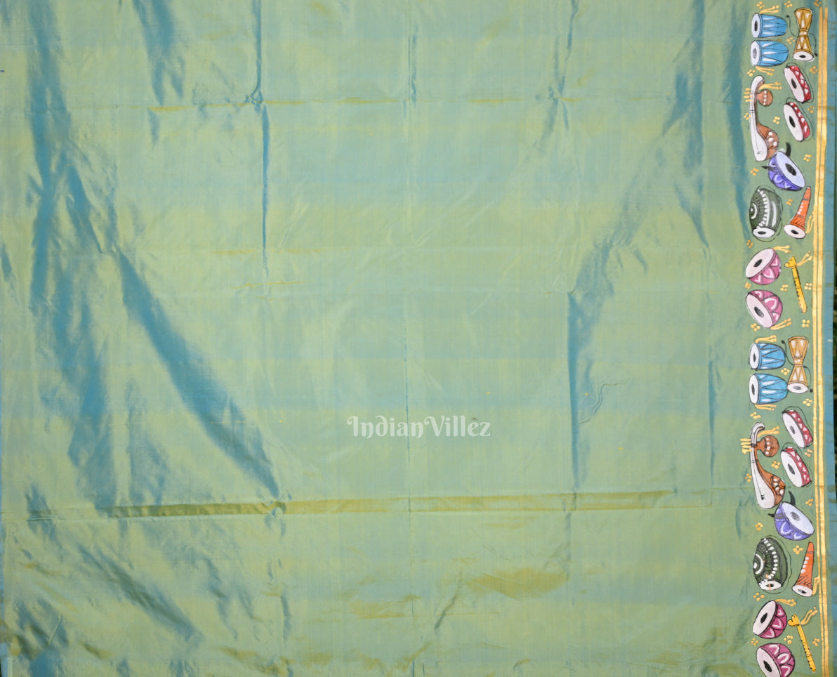 Parrot Green Dual Tone Sitar Instrument Hand-Painted Pattachitra Saree