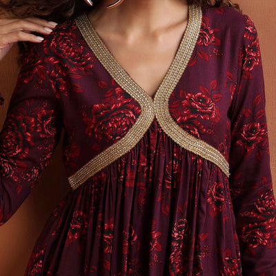 trueBrowns Purple Floral Print Sharara Set