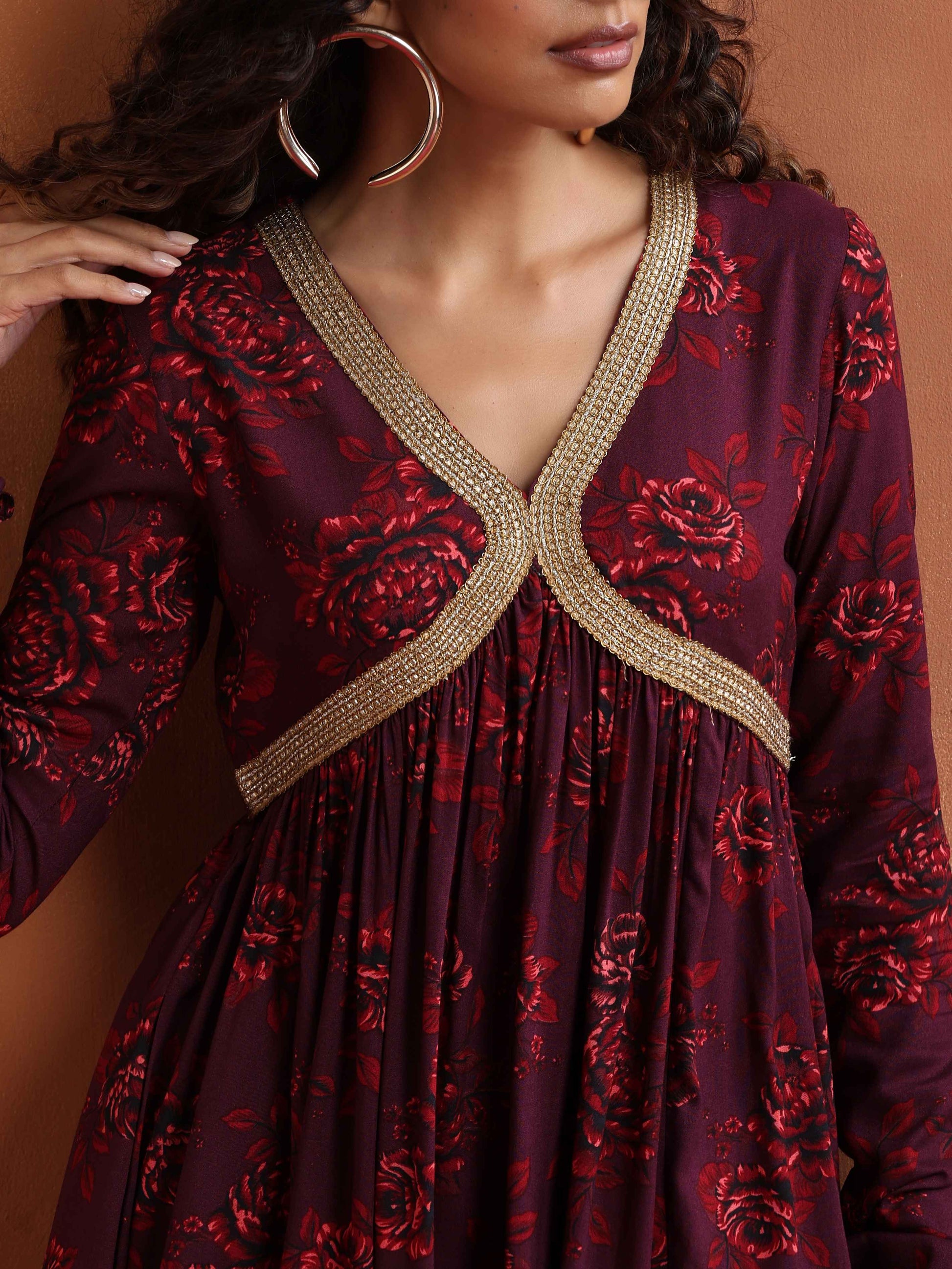 trueBrowns Purple Floral Print Sharara Set