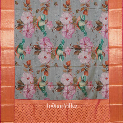 Grey Pink Floral Digital Print Kanjivaram Silk Saree