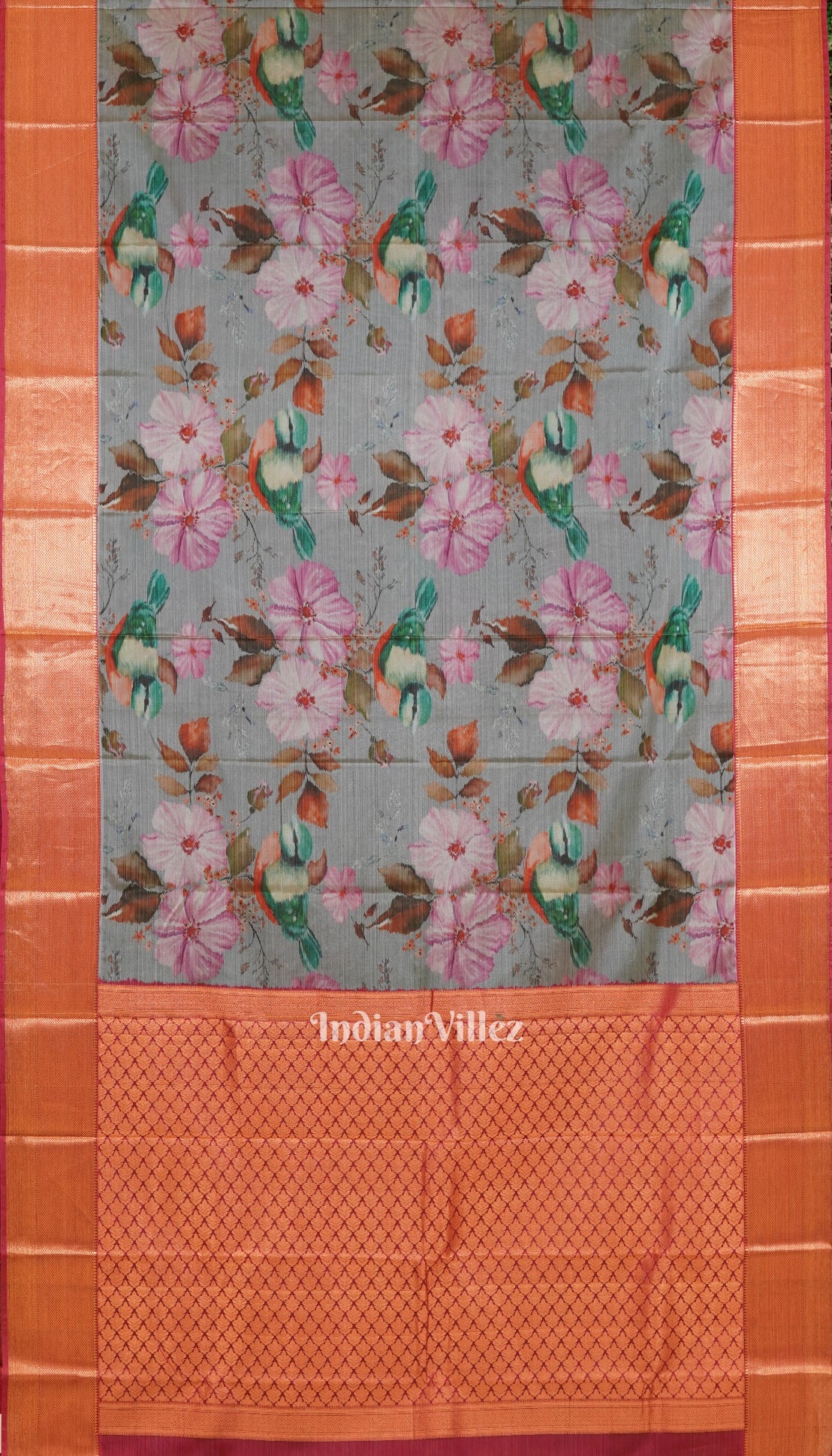 Grey Pink Floral Digital Print Kanjivaram Silk Saree