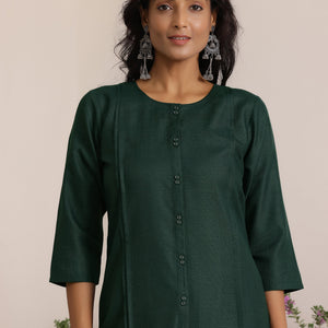 Green Solid Silk Straight Kurta