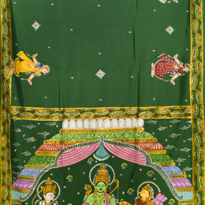 Green Ramayana Theme Hand-Painted Pattachitra Saree