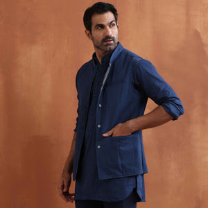 trueBrowns Men's Blue Chanderi Reversible Nehru Jacket