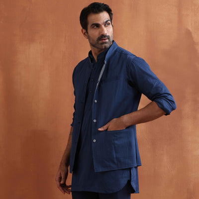 trueBrowns Men's Blue Chanderi Reversible Nehru Jacket