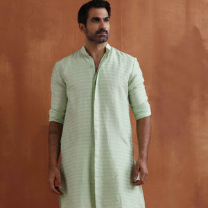 trueBrowns Men's Green Sequin Chanderi Kurta