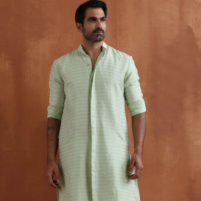 trueBrowns Men's Green Sequin Chanderi Kurta