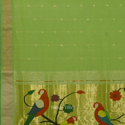 Parrot Green Butta Design Cotton Paithani Saree