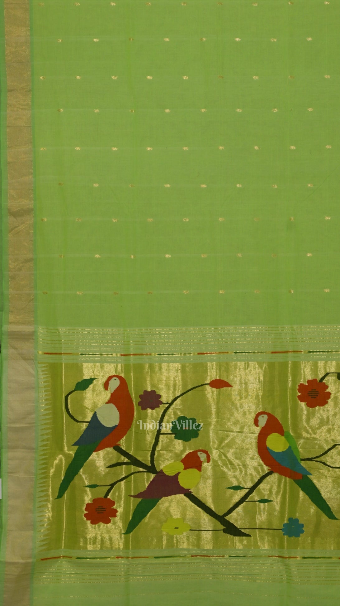 Parrot Green Butta Design Cotton Paithani Saree