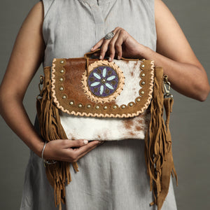 Brown - Handcrafted Fur Leather Fringe Sling Bag with Blue Stone