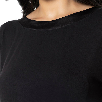 Satin Edge Half Sleeve Round Neck Sleep Top - Black