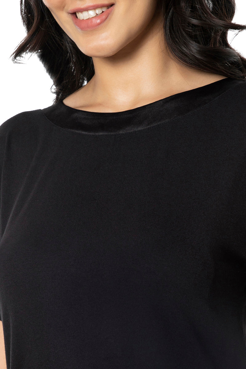 Satin Edge Half Sleeve Round Neck Sleep Top - Black