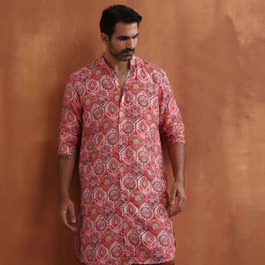 trueBrowns Men's Beige Printed Front Open Kurta