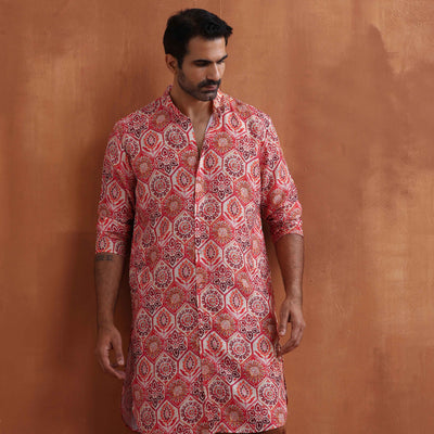 trueBrowns Men's Beige Printed Front Open Kurta