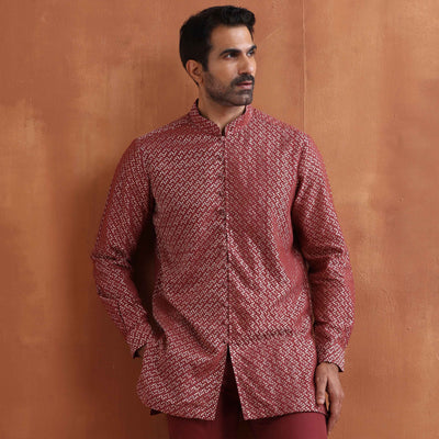 trueBrowns Men's Rust Cotton Dobby Short Kurta