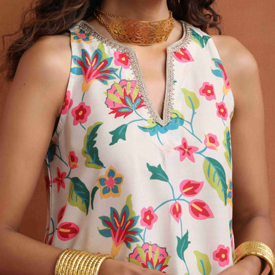 trueBrowns Off White Print Sharara Set