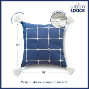 Embroidered Cotton Cushion Cover, for Sofa, Bedroom, Living Room - Set of 2 - Aura Checks Indigo
