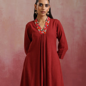 trueBrowns Maroon Cotton Dobby Kurta Set