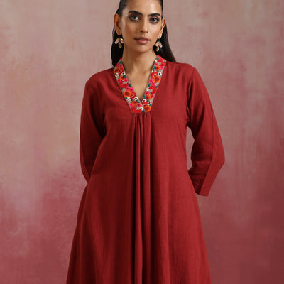 trueBrowns Maroon Cotton Dobby Kurta Set