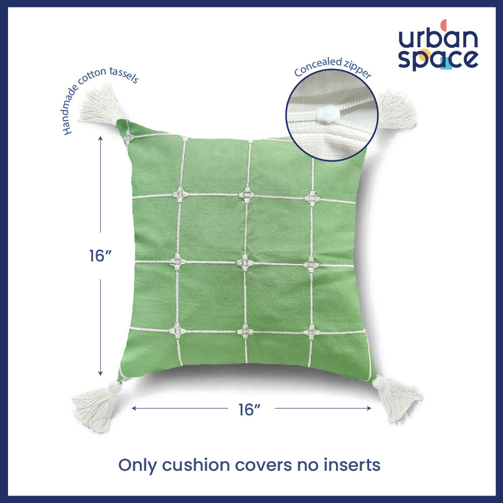 Embroidered Cotton Cushion Cover, for Sofa, Bedroom, Living Room - Set of 2 - Aura Checks Green