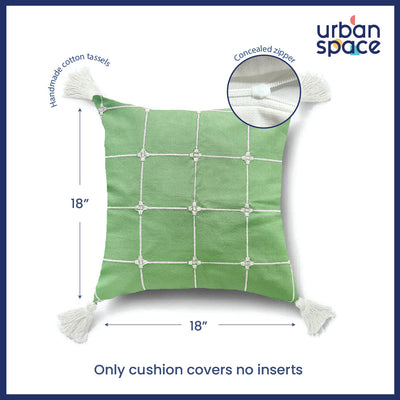 Embroidered Cotton Cushion Cover, for Sofa, Bedroom, Living Room - Set of 2 - Aura Checks Green