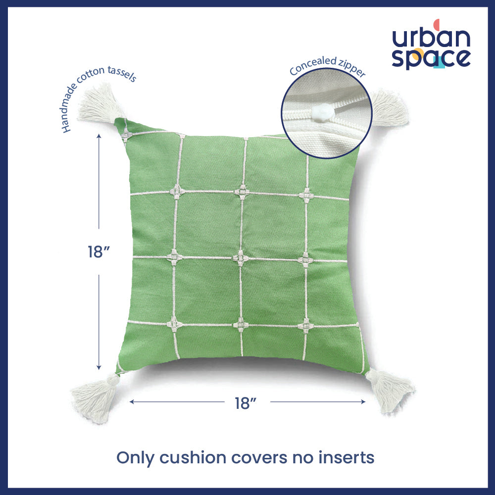Embroidered Cotton Cushion Cover, for Sofa, Bedroom, Living Room - Set of 2 - Aura Checks Green