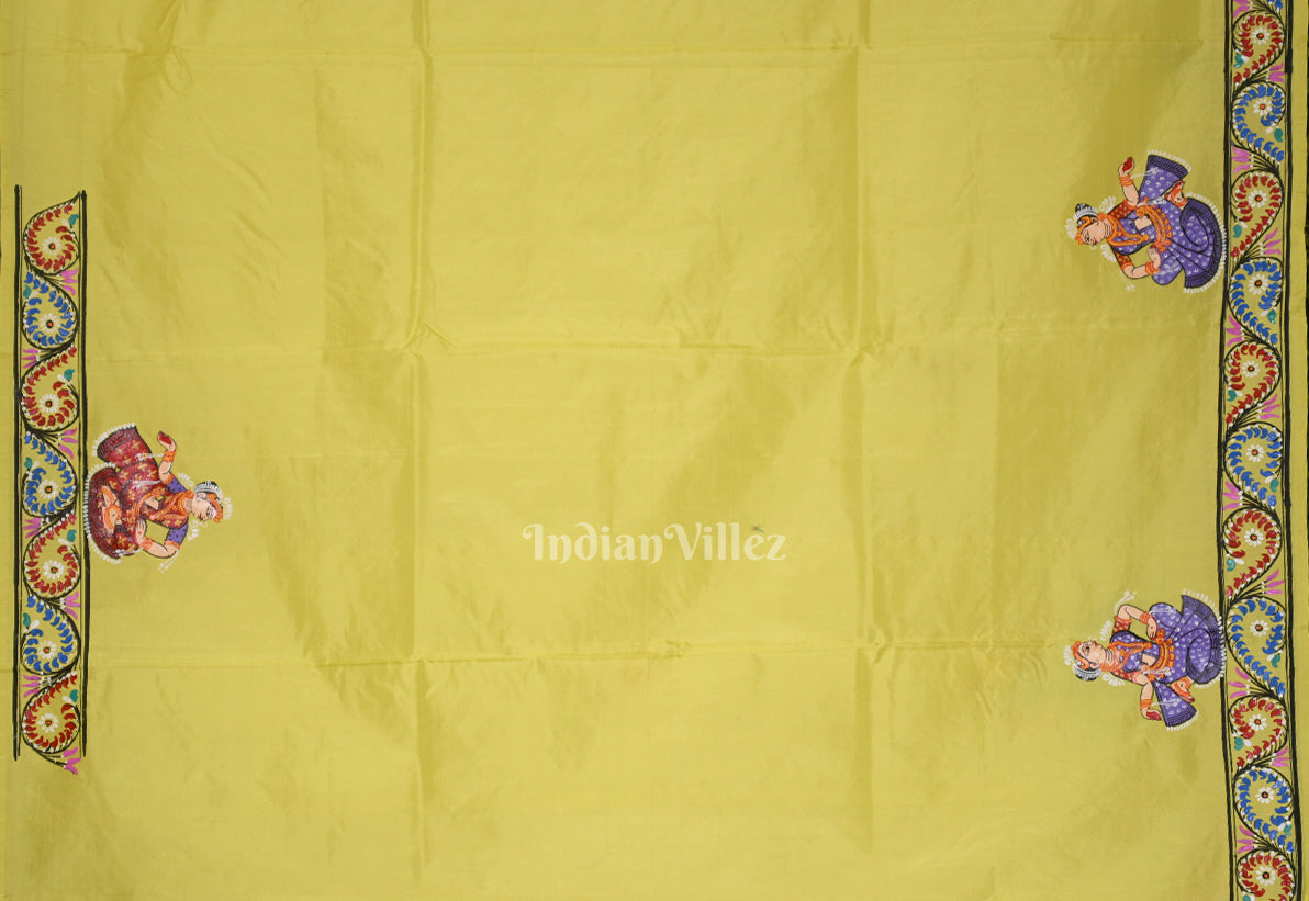Yellow Giri Govardhan Hand-Painted Pattachitra Saree