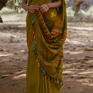 Olive Green Handloom Bengal Cotton Saree With ( Dora ) Stripes in Green, Brown and Red