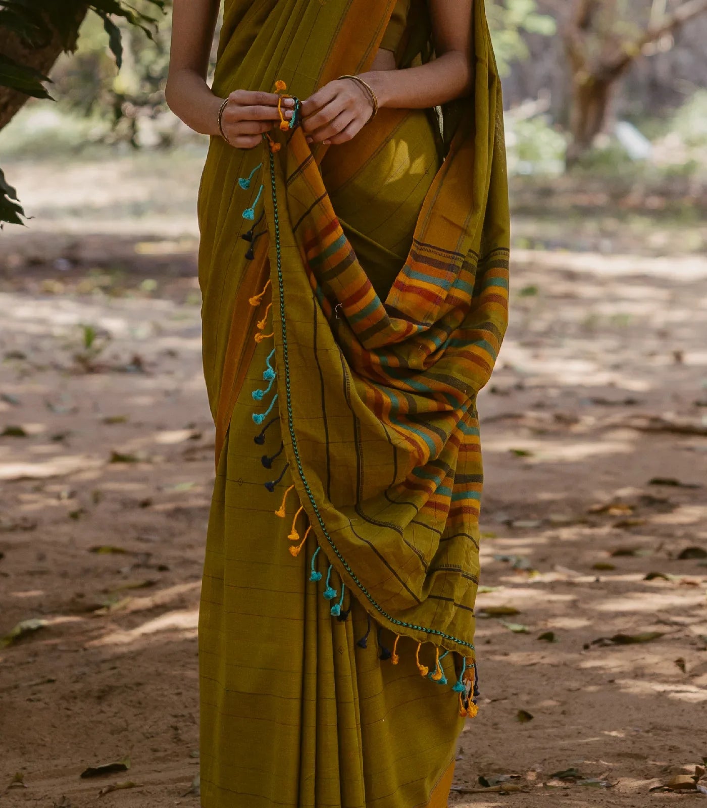 Olive Green Handloom Bengal Cotton Saree With ( Dora ) Stripes in Green, Brown and Red