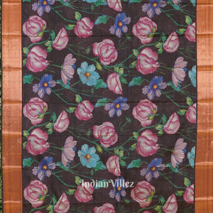 Black Pink Floral Digital Print Kanjivaram Silk Saree