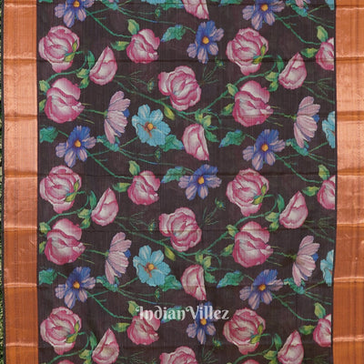 Black Pink Floral Digital Print Kanjivaram Silk Saree
