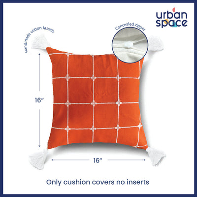 Embroidered Cotton Cushion Cover, for Sofa, Bedroom, Living Room - Set of 2 - Aura Checks Orange