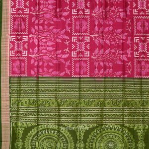 Magenta Pink Mehendi Birds Tree Sambalpuri Silk Saree
