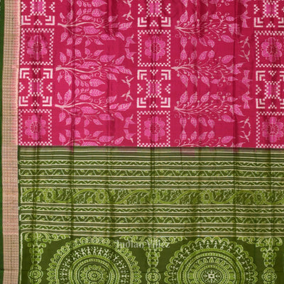 Magenta Pink Mehendi Birds Tree Sambalpuri Silk Saree
