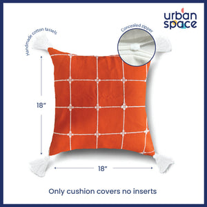Embroidered Cotton Cushion Cover, for Sofa, Bedroom, Living Room - Set of 2 - Aura Checks Orange