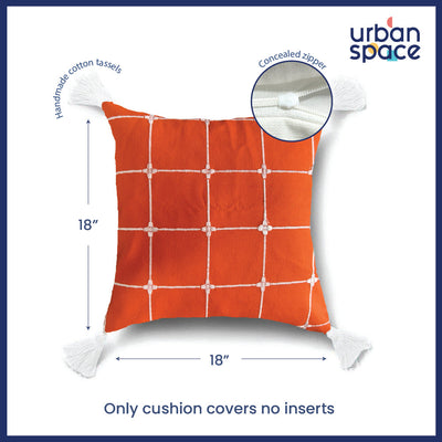 Embroidered Cotton Cushion Cover, for Sofa, Bedroom, Living Room - Set of 2 - Aura Checks Orange