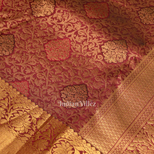 Deep Maroon Pure Brocade with Golden Broder  Bridal Kanjivaram Silk Saree