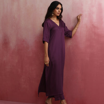 trueBrowns Purple Modal Pleated Kurta Set