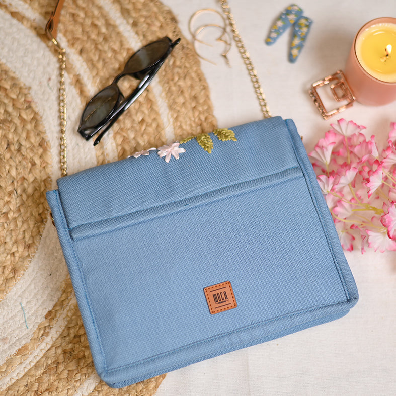 Blue - Drizzle Stitch Hand Embroidery Canvas Clutch/Sling Bag