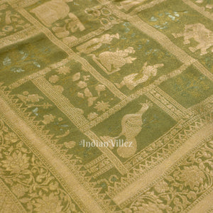 Parrot Green Shikargah Theme Banarasi Katan Tissue Saree