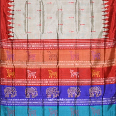 Gray Fish Motif with Animal Theme Double Pallu Berhampuri Silk Saree