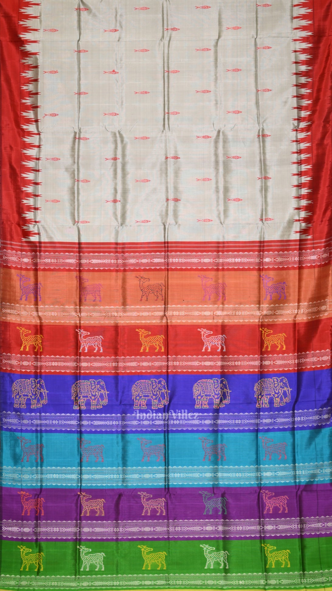 Gray Fish Motif with Animal Theme Double Pallu Berhampuri Silk Saree