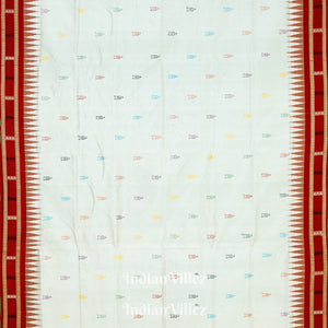 White Red Shree Mandir Theme Sambalpuri Ikat  Silk Saree