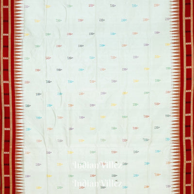 White Red Shree Mandir Theme Sambalpuri Ikat  Silk Saree