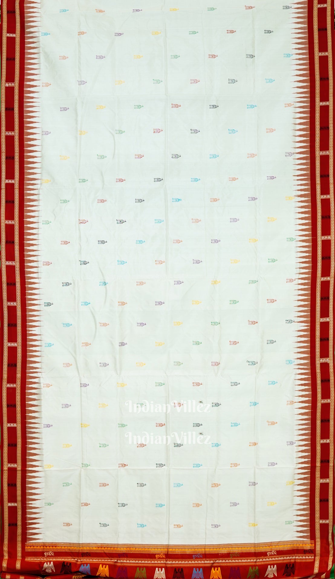White Red Shree Mandir Theme Sambalpuri Ikat  Silk Saree