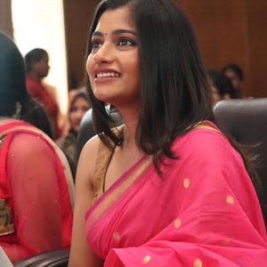 Hot Pink Handloom Venkatagiri Cotton Saree With Coin buttis and Jamdani Parrot Pallu Motifs