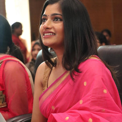 Hot Pink Handloom Venkatagiri Cotton Saree With Coin buttis and Jamdani Parrot Pallu Motifs