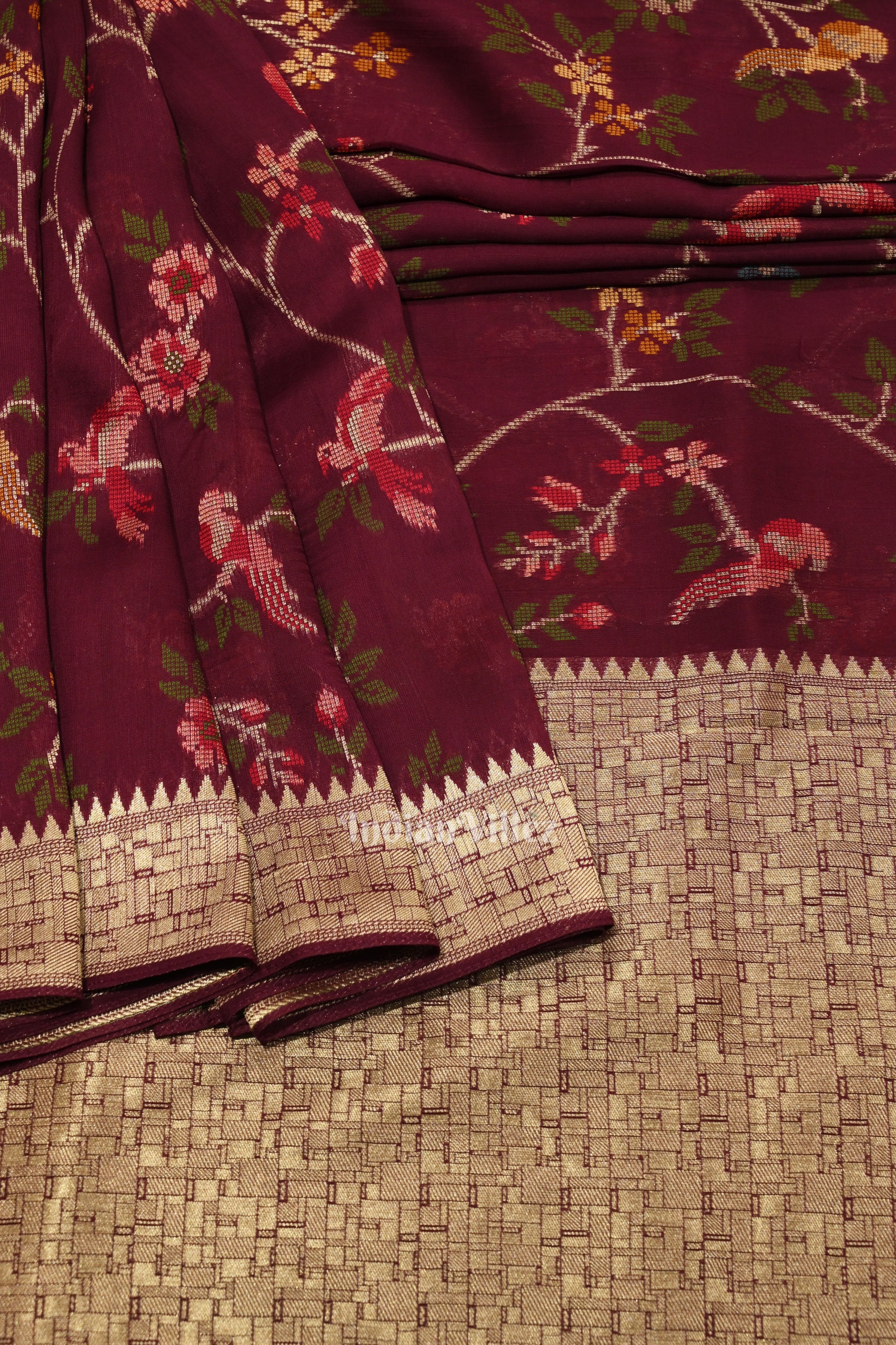 Wine Brocade Tussar Khaddi Georgette Banarasi Saree